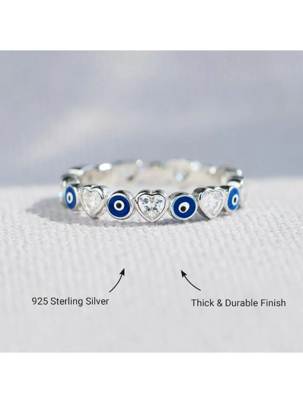 925 Sterling Silver Evil Eye Ring, Enamel Nazar & Heart Bands, Blue Jewelry Gift